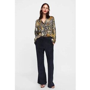 Zara Brown & Yellow Snake Print Long Sleeve Button Down XS/S
